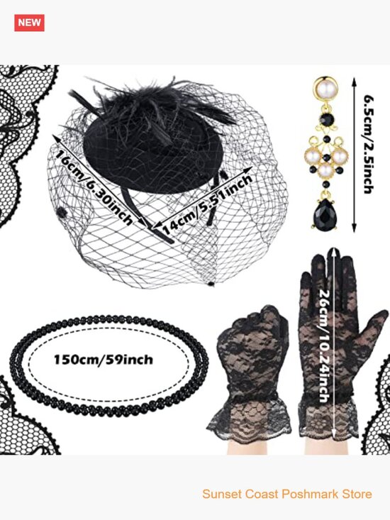 Fascinator Hat Set with Mesh Veil Lace Gloves Necklace Earrings Tea Party main image 5